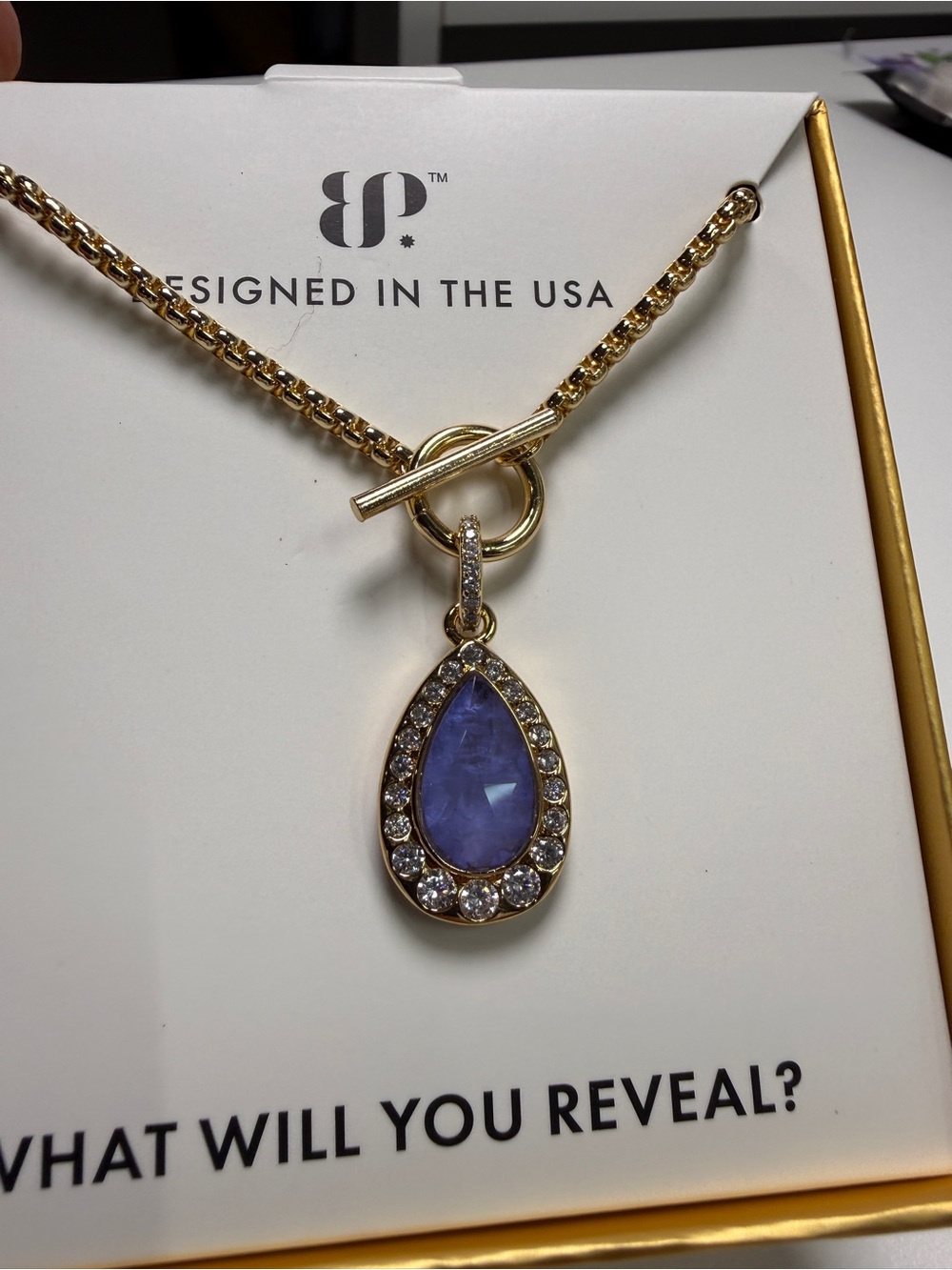 BP The Gem Society Gold Plated Toggle Necklace Blue Teardrop Crystal